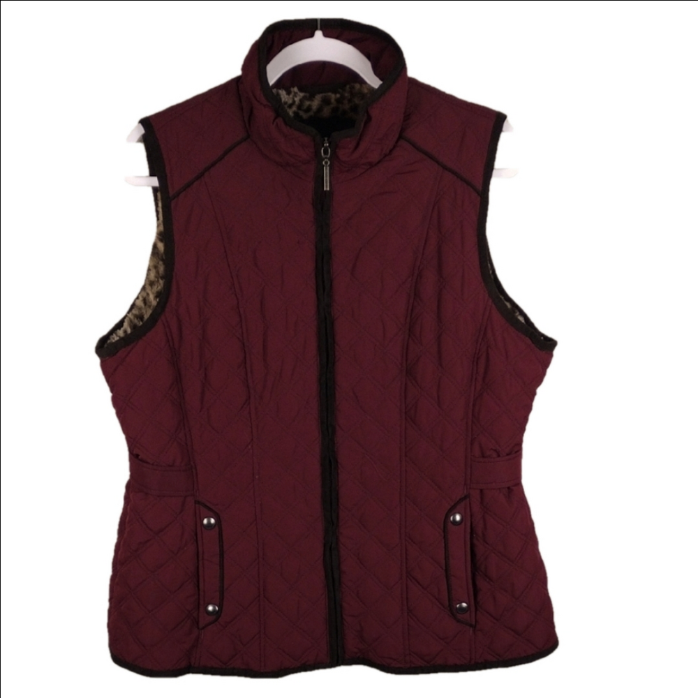 Weatherproof Burgundy Quilted Faux Fur High Collar Zip Up Outdoor Vest Jacket - Picture 1 of 16